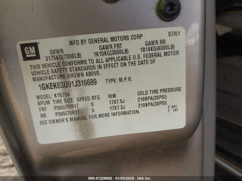 2001 GMC Yukon Denali Denali VIN: 1GKEK63U91J316689 Lot: 41228692