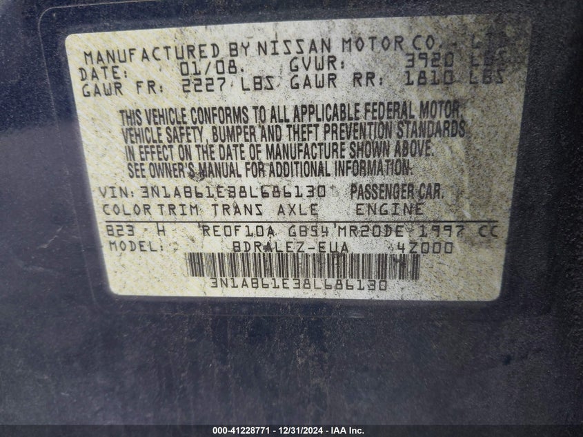 2008 NISSAN SENTRA VIN: 3N1AB61E38L686130