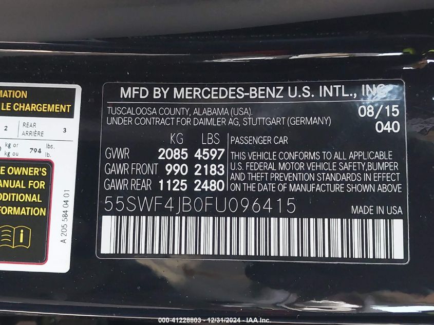 VIN 55SWF4JB0FU096415 2015 Mercedes-Benz C 300, Lux... no.9