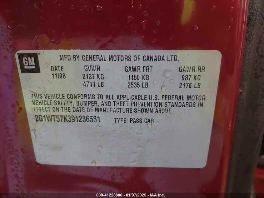 2009 CHEVROLET IMPALA VIN: 2G1WT57K391236531