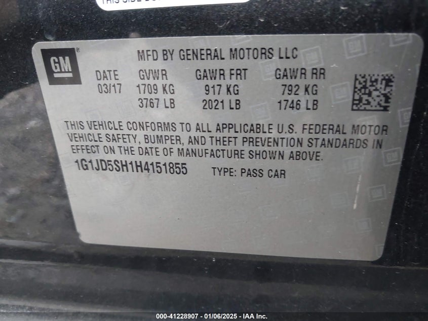 2017 CHEVROLET SONIC VIN: 1G1JD5SH1H4151855