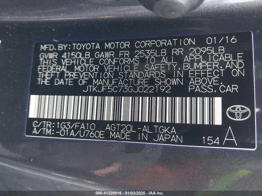 2016 SCION TC VIN: JTKJF5C73GJ022192