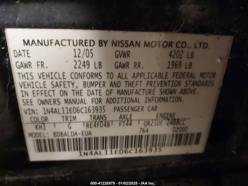 2006 NISSAN ALTIMA VIN: 1N4AL11E06C163935