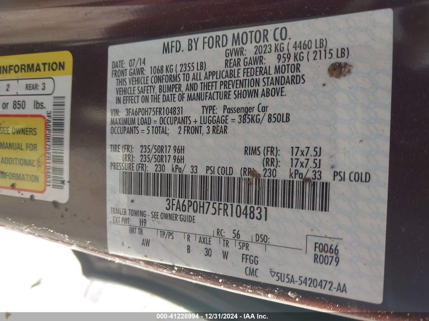 2015 FORD FUSION VIN: 3FA6P0H75FR104831