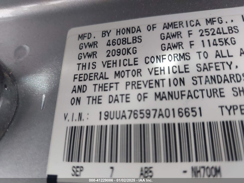 2007 ACURA TL VIN: 19UUA76597A016651