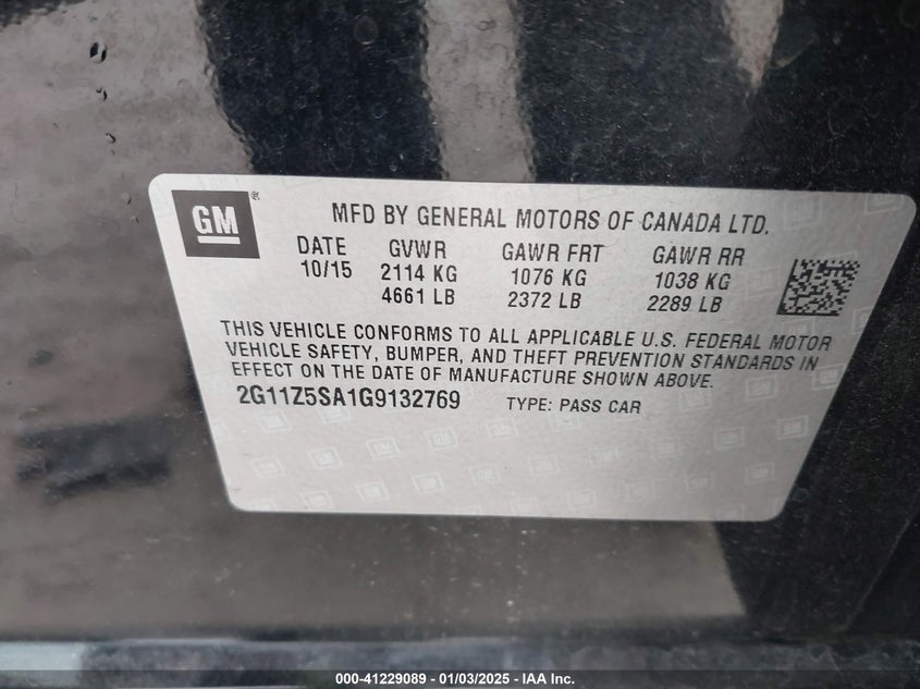 2016 CHEVROLET IMPALA VIN: 2G11Z5SA1G9132769