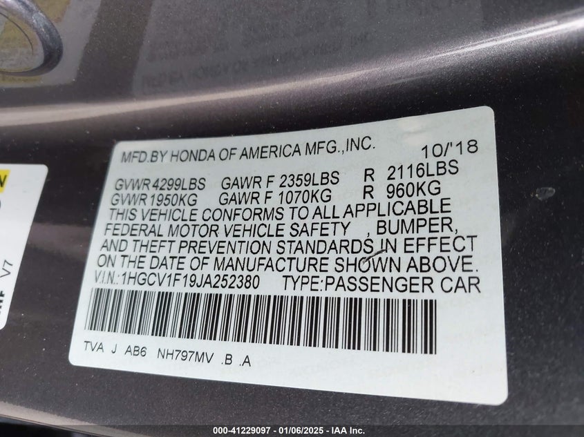 2018 HONDA ACCORD VIN: 1HGCV1F19JA252380