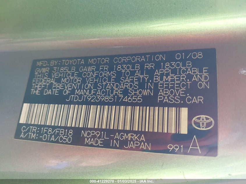 2008 Toyota Yaris VIN: JTDJT923985174655 Lot: 41229270