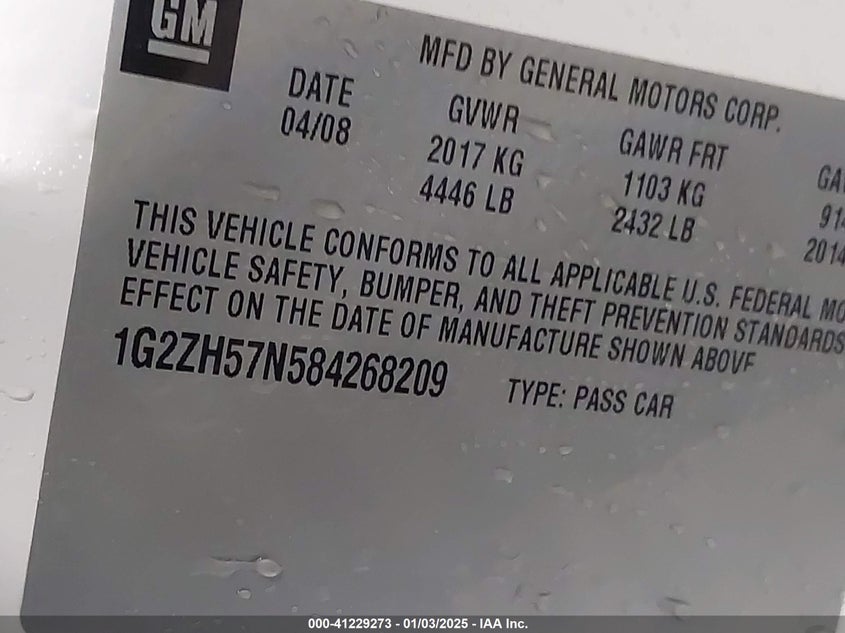 2008 PONTIAC G6 VIN: 1G2ZH57N584268209