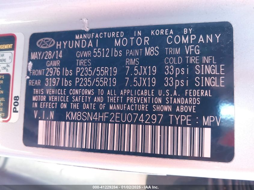 VIN KM8SN4HF2EU074297 2014 HYUNDAI SANTA FE no.9