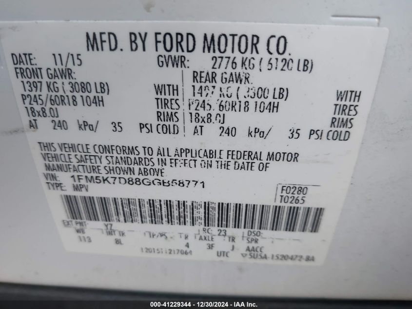 VIN 1FM5K7D88GGB58771 2016 FORD EXPLORER no.9