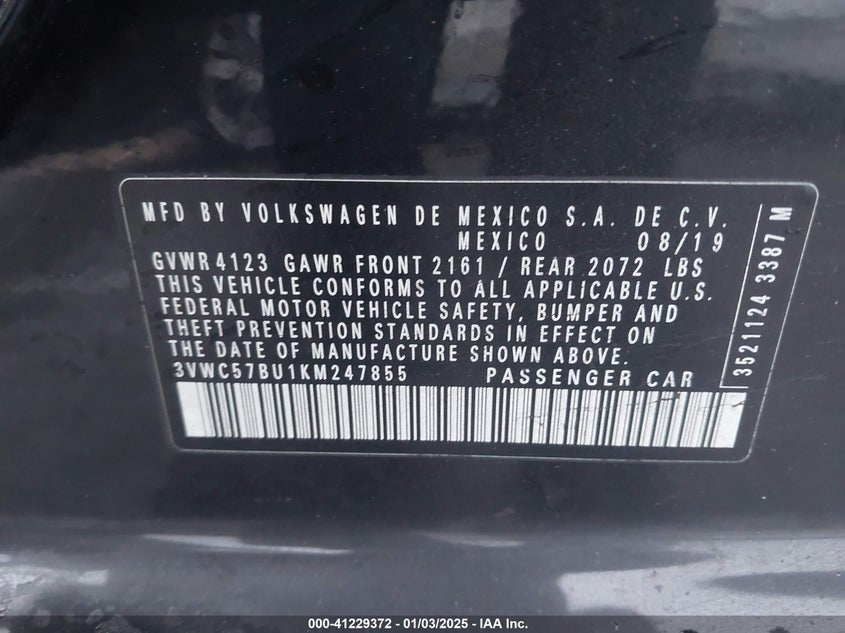 2019 VOLKSWAGEN JETTA VIN: 3VWC57BU1KM247855