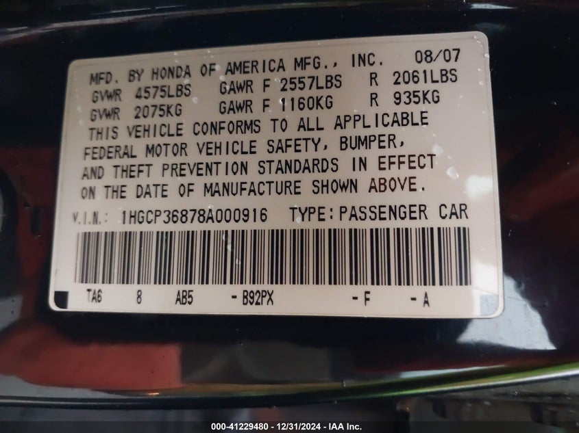 2008 HONDA ACCORD VIN: 1HGCP36878A000916