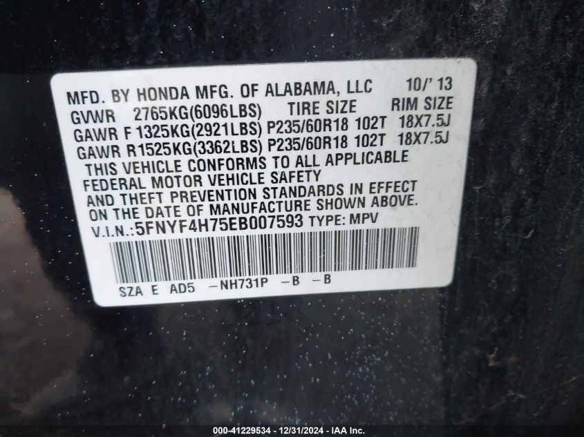 VIN 5FNYF4H75EB007593 2014 Honda Pilot, Ex-L no.9