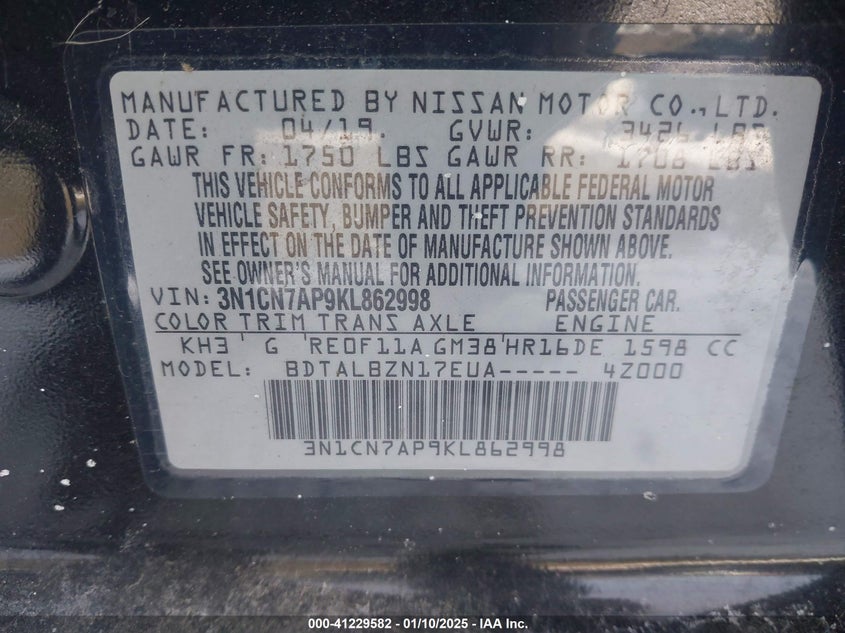 2019 NISSAN VERSA 1.6 SV - 3N1CN7AP9KL862998