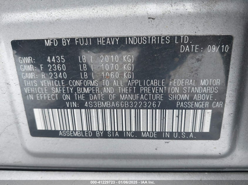 2011 SUBARU LEGACY VIN: 4S3BMBA66B3223267