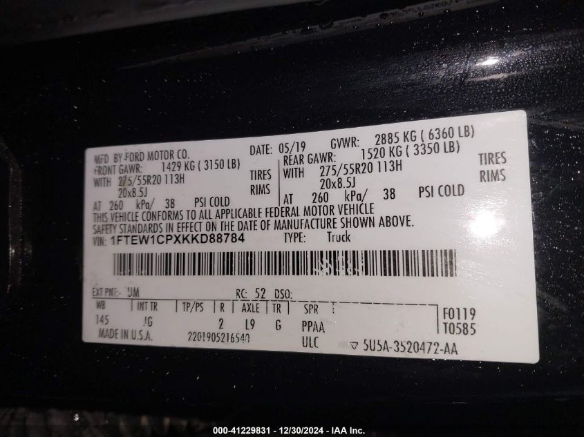 2019 Ford F-150 Xl VIN: 1FTEW1CPXKKD88784 Lot: 41229831