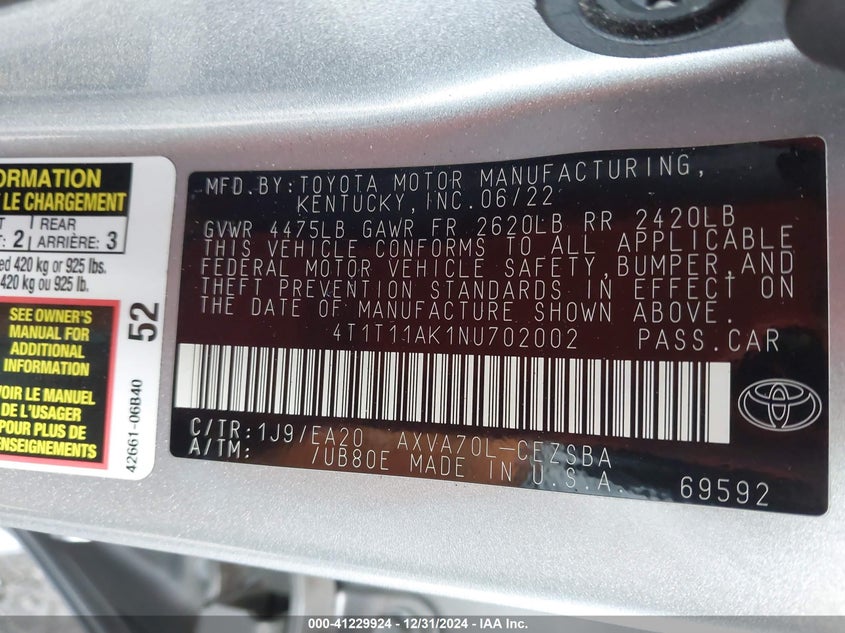 2022 TOYOTA CAMRY VIN: 4T1T11AK1NU702002