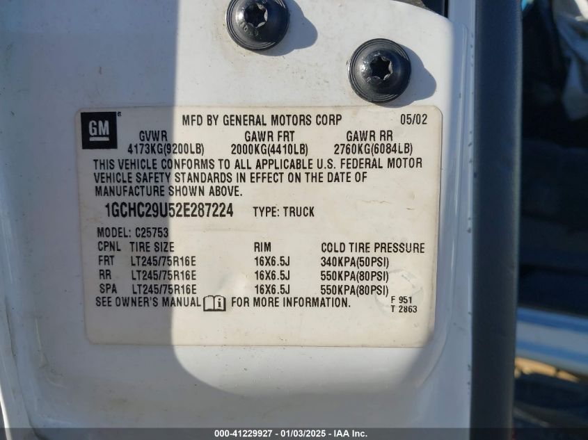 2002 Chevrolet Silverado 2500Hd Ls VIN: 1GCHC29U52E287224 Lot: 41229927