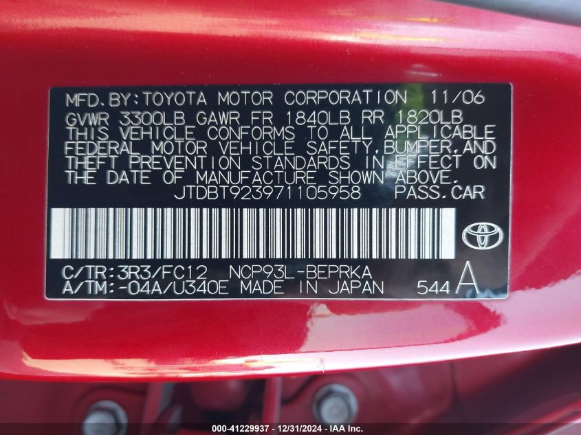 2007 Toyota Yaris VIN: JTDBT923971105958 Lot: 41229937