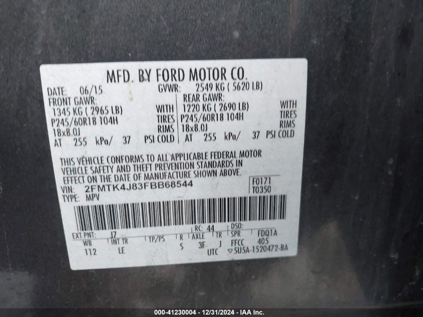 VIN 2FMTK4J83FBB68544 2015 FORD EDGE no.9