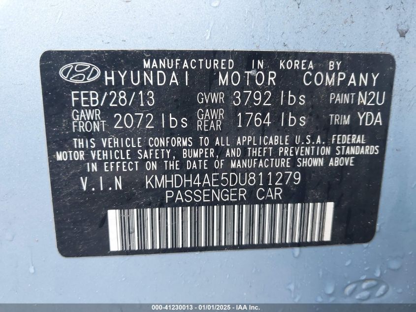 VIN KMHDH4AE5DU811279 2013 Hyundai Elantra, Gls (ul... no.9