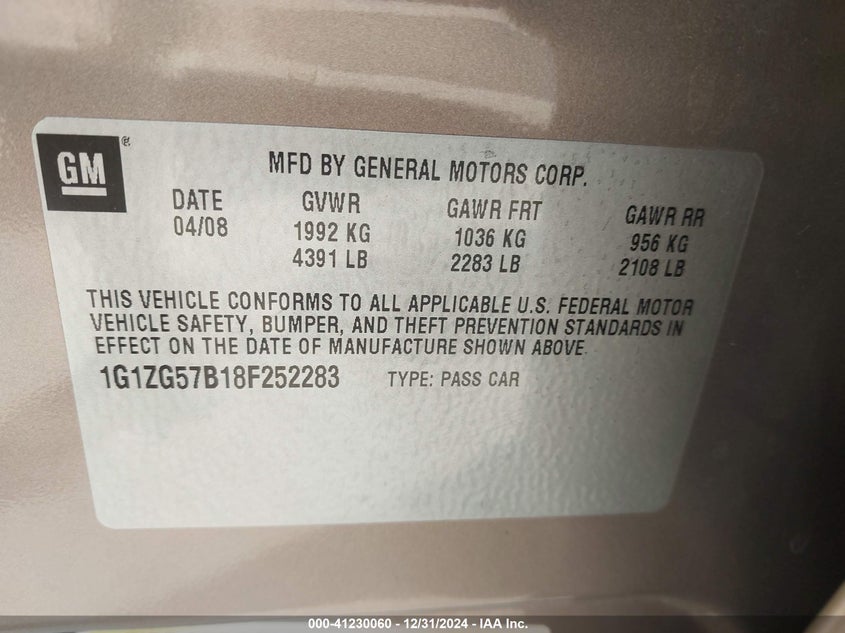 2008 CHEVROLET MALIBU VIN: 1G1ZG57B18F252283