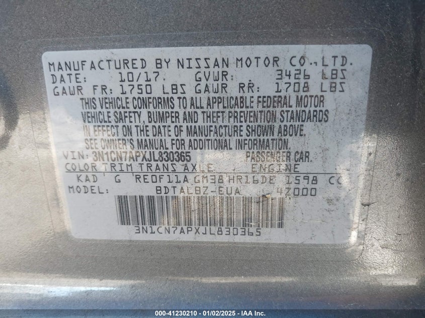 2018 NISSAN VERSA VIN: 3N1CN7APXJL830365