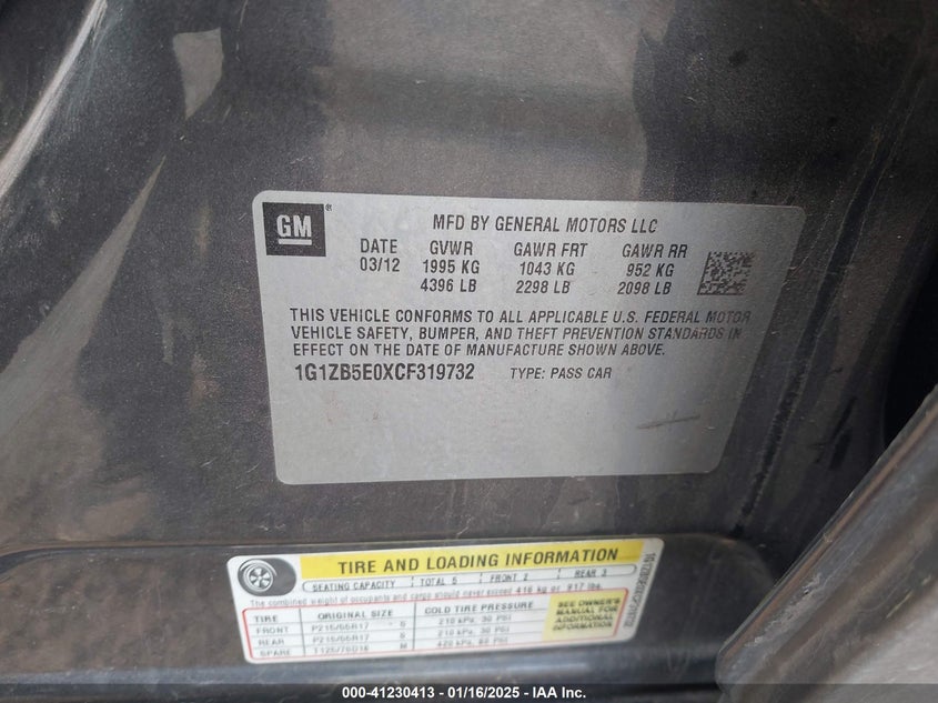 2012 CHEVROLET MALIBU VIN: 1G1ZB5E0XCF319732