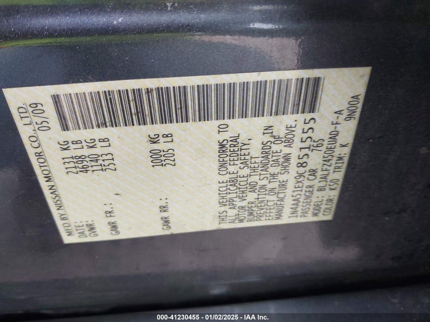 2009 NISSAN MAXIMA VIN: 1N4AA51EX9C851555