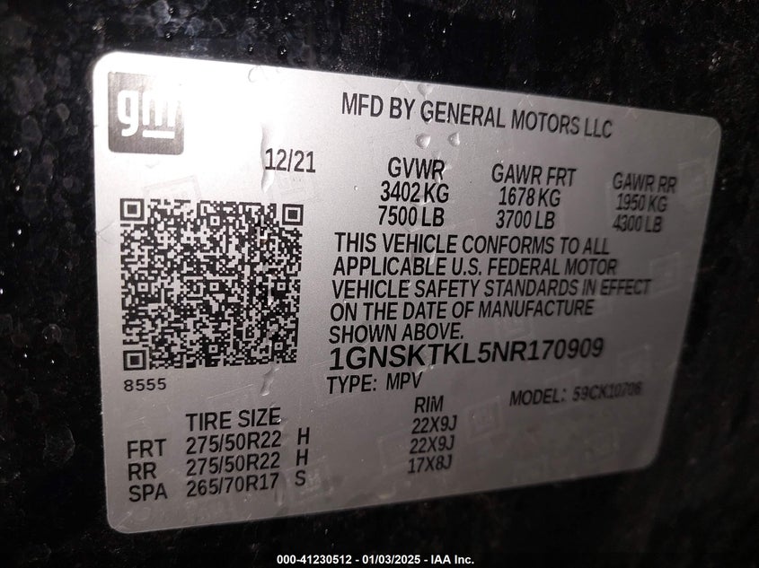 2022 CHEVROLET TAHOE 4WD HIGH COUNTRY - 1GNSKTKL5NR170909