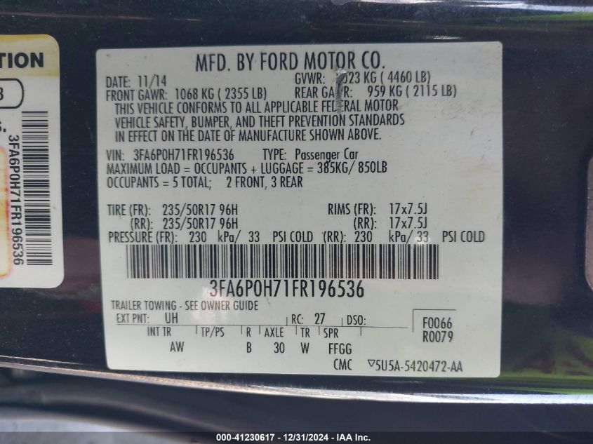 VIN 3FA6P0H71FR196536 2015 Ford Fusion, SE no.9