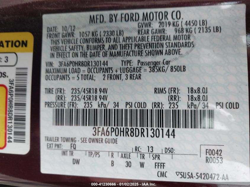 VIN 3FA6P0HR8DR130144 2013 FORD FUSION no.9