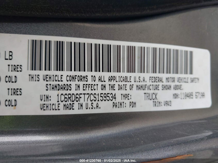 2012 DODGE RAM 1500 VIN: 1C6RD6FT7CS159534