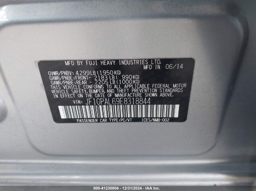 VIN JF1GPAL69E8318844 2014 Subaru Impreza, 2.0I Spo... no.9