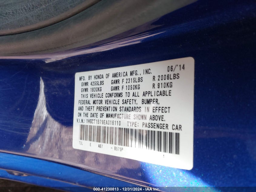 2014 HONDA ACCORD VIN: 1HGCT1B79EA016110