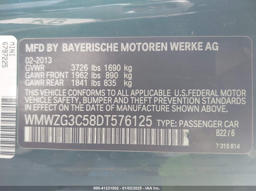 2013 MINI COOPER VIN: WMWZG3C58DT576125