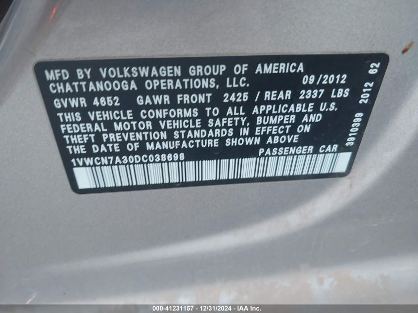 VIN 1VWCN7A30DC038698 2013 VOLKSWAGEN PASSAT no.9