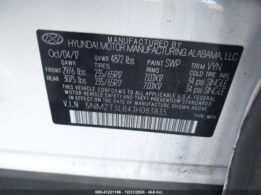 VIN 5NMZT3LB4JH083835 2018 Hyundai Santa Fe, Sport... no.9