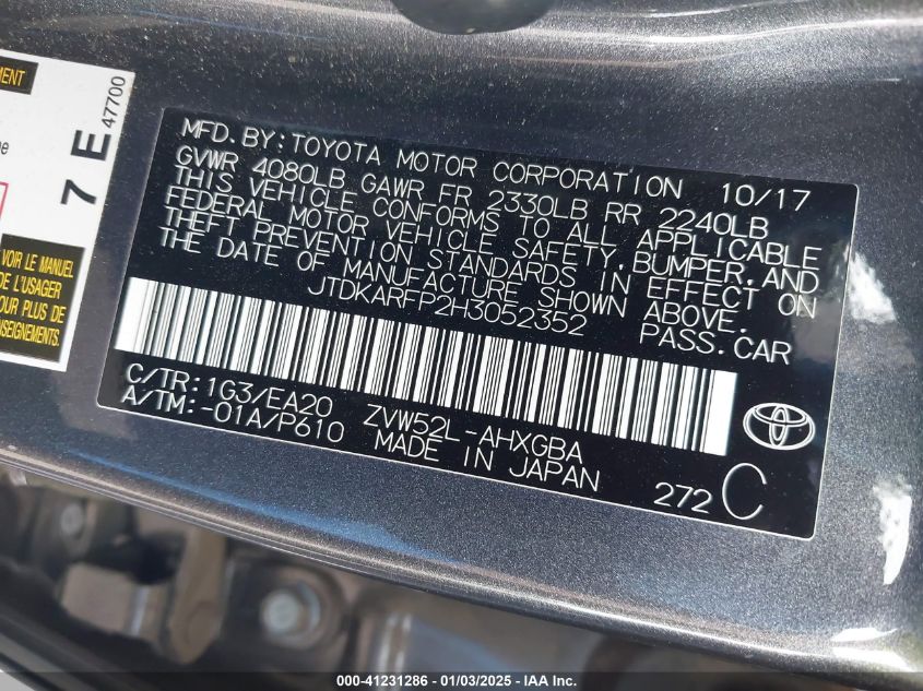 VIN JTDKARFP2H3052352 2017 Toyota Prius, Prime Premium no.9