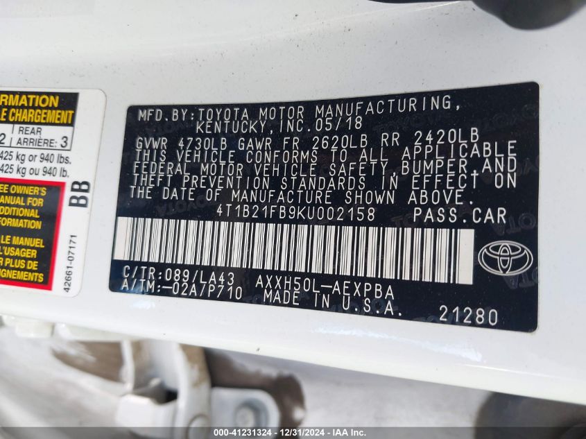 VIN 4T1B21FB9KU002158 2019 Toyota Avalon, Hybrid Li... no.9