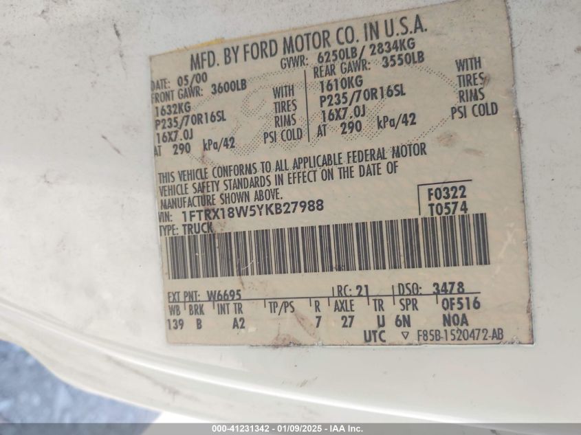 2000 Ford F-150 Lariat/Work Series/Xl/Xlt VIN: 1FTRX18W5YKB27988 Lot: 41231342