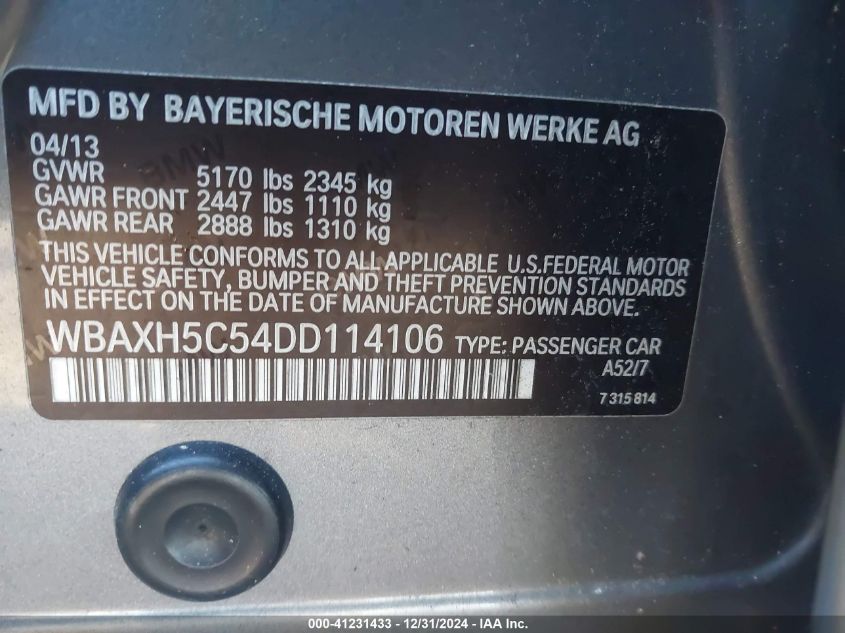 VIN WBAXH5C54DD114106 2013 BMW 5 Series, 528I Xdrive no.9