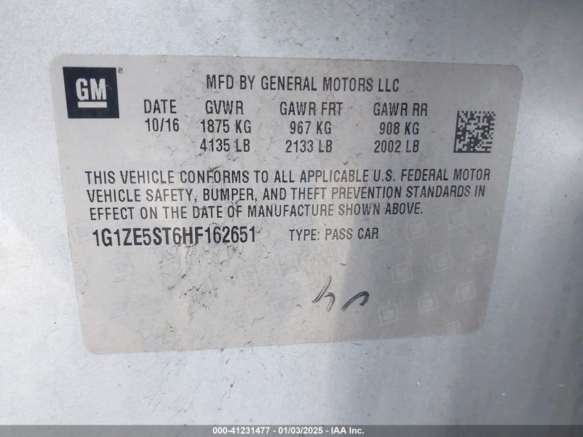 2017 CHEVROLET MALIBU VIN: 1G1ZE5ST6HF162651