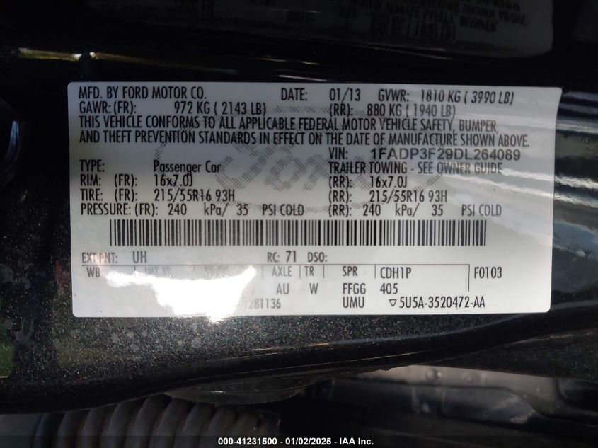 VIN 1FADP3F29DL264089 2013 Ford Focus, SE no.9