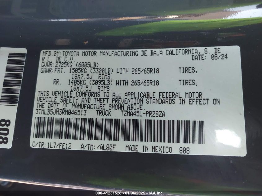 2024 Toyota Tacoma Double Cab/Sr5/Trd Sport/Trd Off Road/Ltd VIN: 3TMLB5JN3RM046513 Lot: 41231528