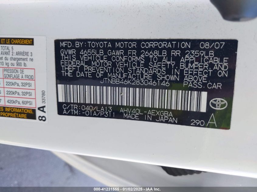 2008 Toyota Camry Hybrid VIN: JTNBB46K283046146 Lot: 41231555