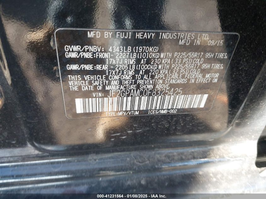 VIN JF2GPAMC0F8325425 2015 Subaru XV, Crosstrek 2.0... no.9