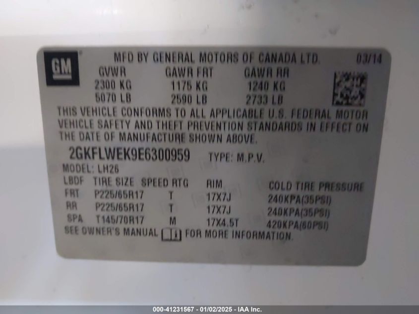 VIN 2GKFLWEK9E6300959 2014 GMC Terrain, Sle-2 no.9