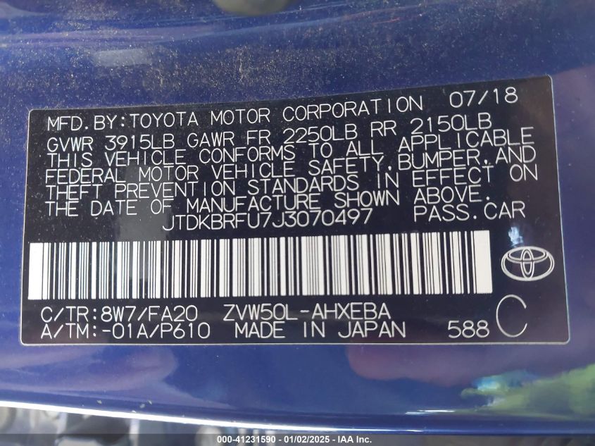 VIN JTDKBRFU7J3070497 2018 TOYOTA PRIUS no.9